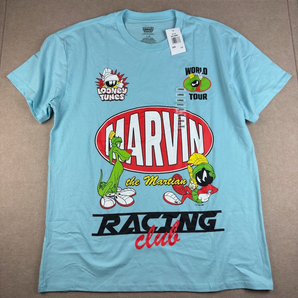 Looney Tunes Marvin The Martian Racing Club T-Shirt Mens L Blue Graphic Tee